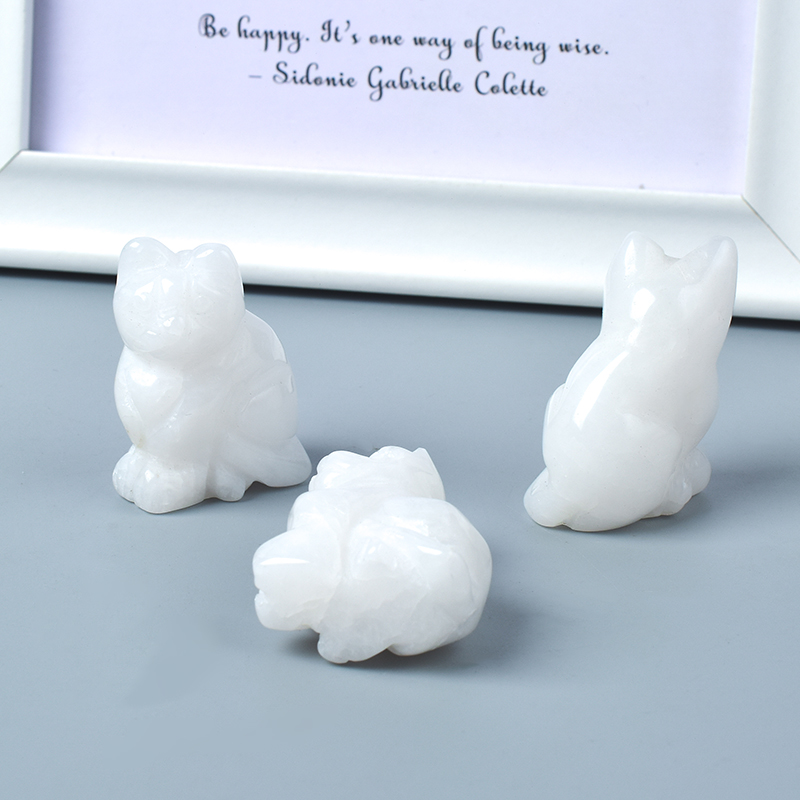  Hand Carved Natural White Jade Crystal Small Cat Figurines Gemstone Craft