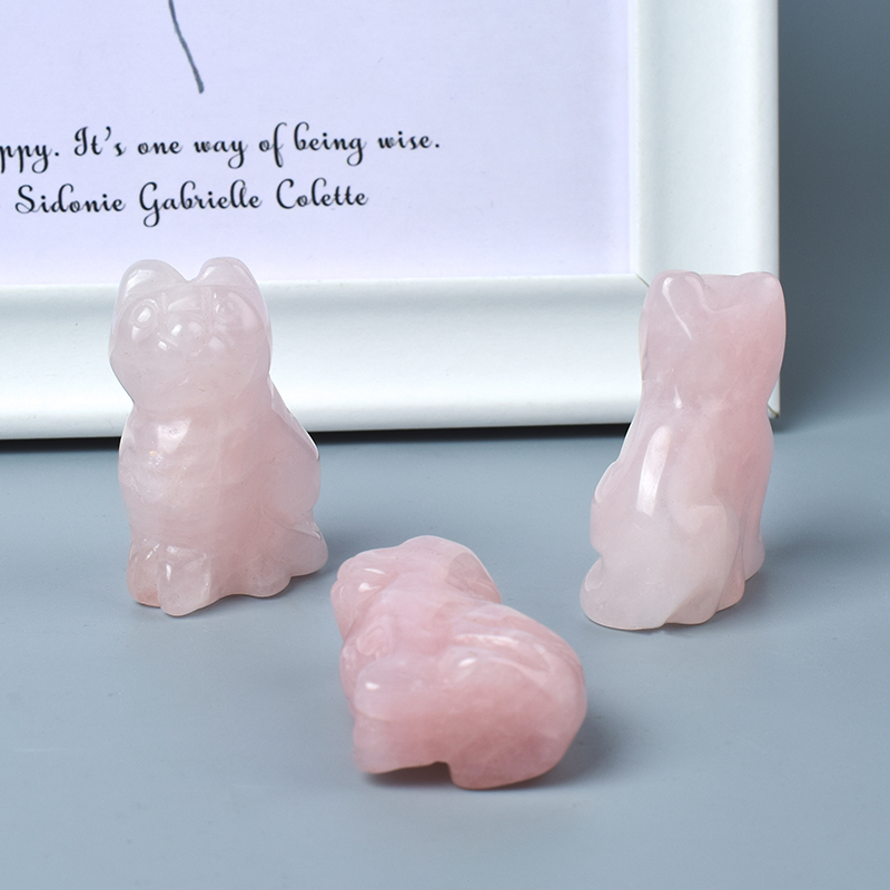  Hand Carved Natural Rose Quartz Crystal Small Cat Figurines Gemstone Craft
