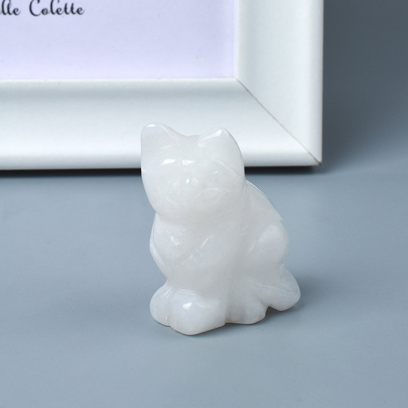  Hand Carved Natural White Jade Crystal Small Cat Figurines Gemstone Craft