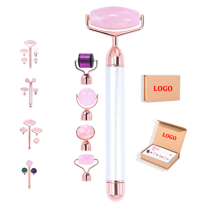 Newest Head Replaceable Rose Quartz Roller Electric Derma Face Roller Set Rechargeable Metal Facial Roller Wholesale Beauty Tool (set)
